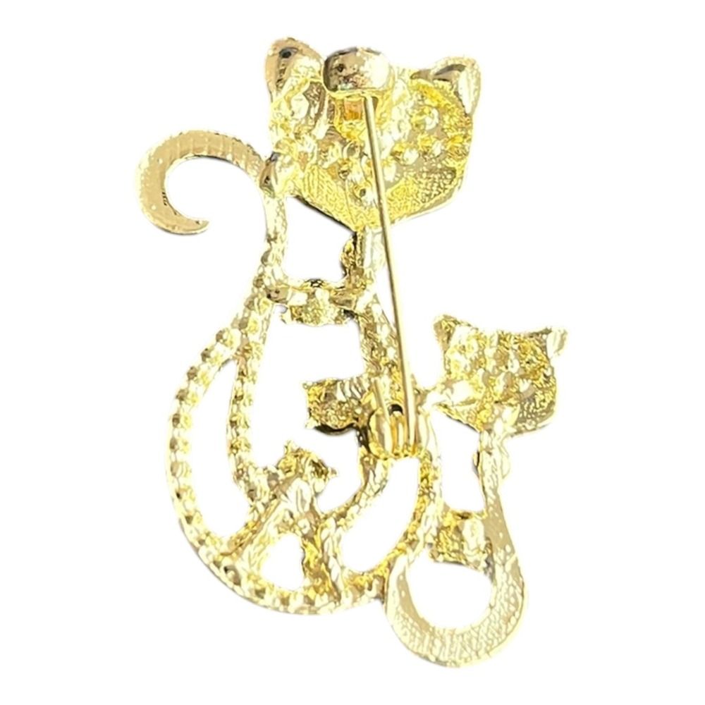 Cat Family Brooch Pin Women's Gold Tone Rhinestone Enamel 1.75" Feline Jewelry - Picture 2 of 3